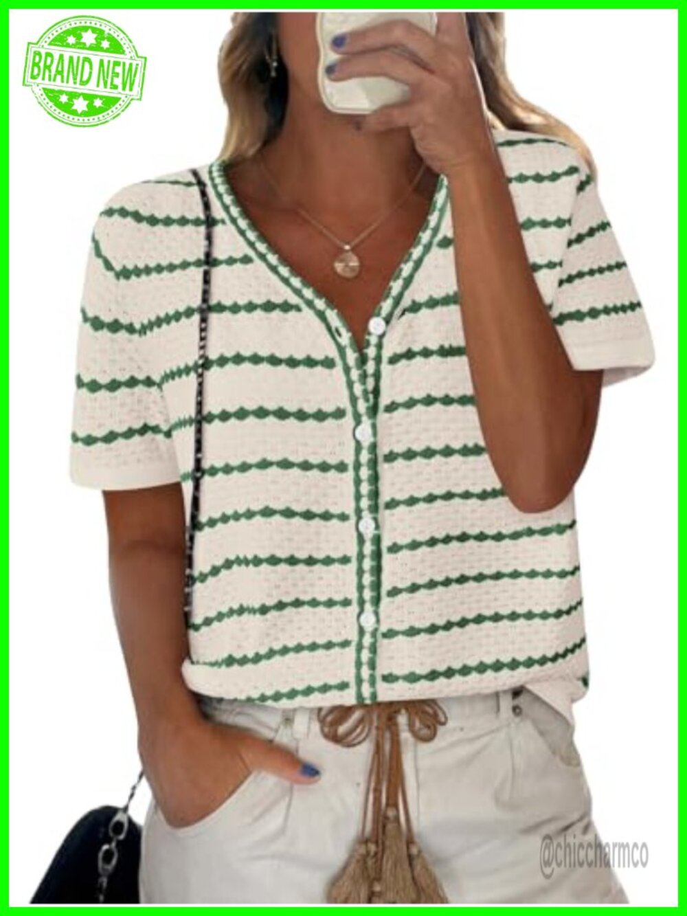 Short Sleeve Crochet Knit Cardigan Button Down V-Neck Cotton Blend Top